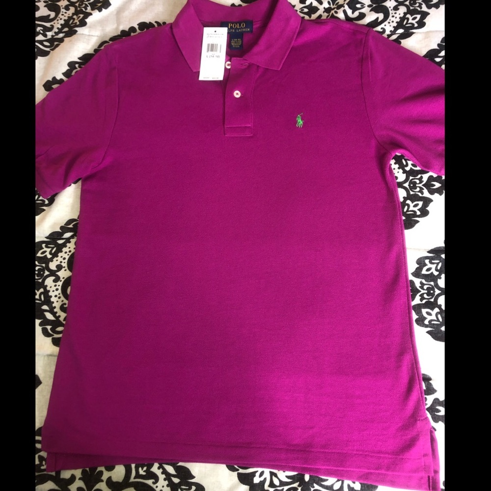Fuschia purple collard shirt w/green logo